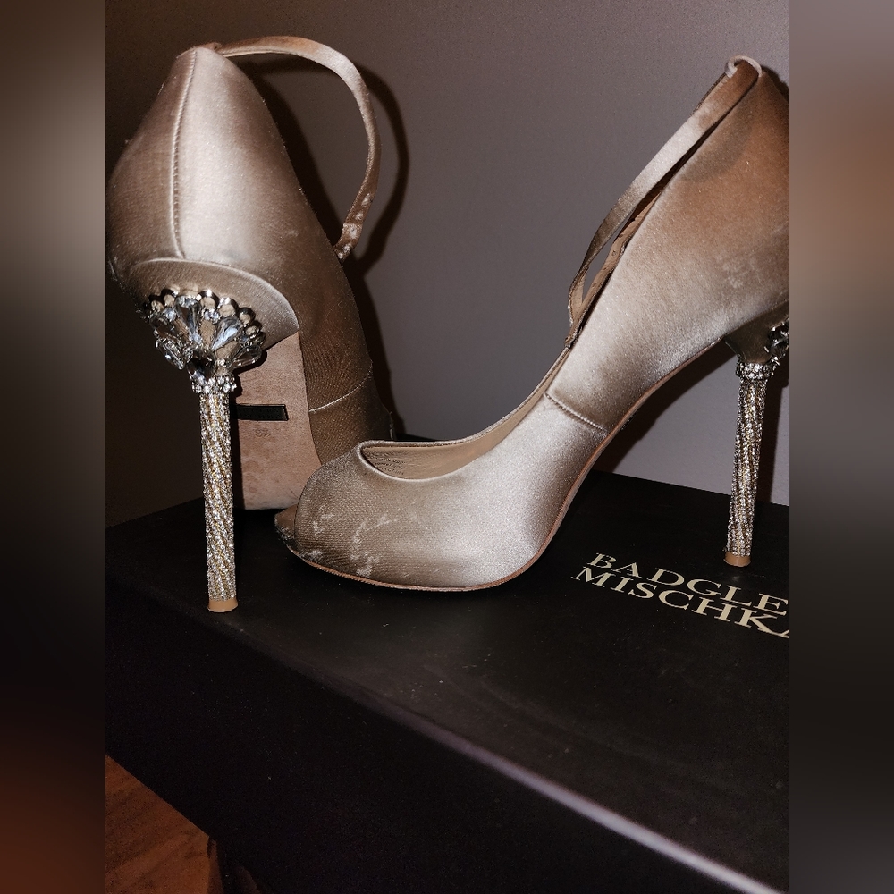 Badgley Mischka satin pumps with rhinestones heel.